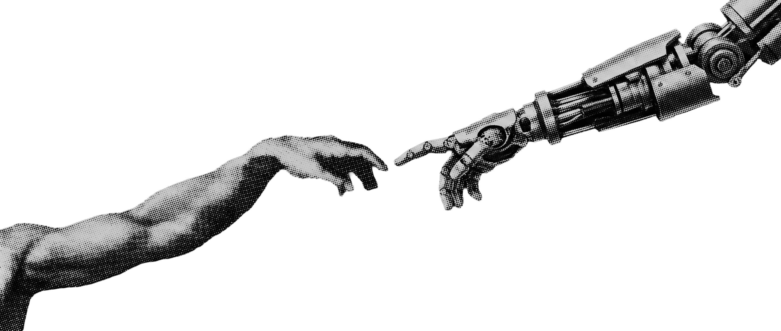 Manos casi unidas en halftone blanco y negro, fondo transparente.